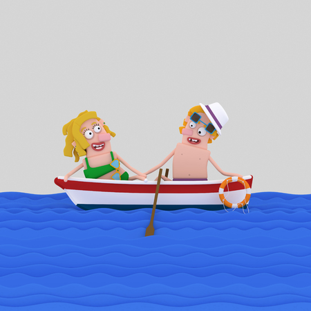 Couple in love on boat. 3d illustration.の写真素材