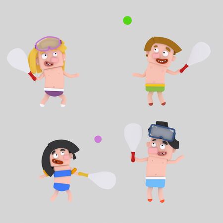 Children playing beach paddle. 3d illustration.の写真素材