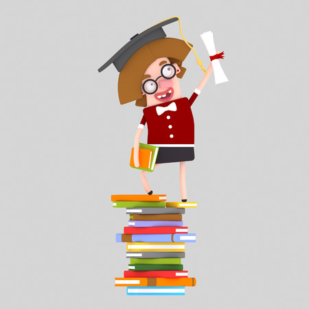 Graduate young girl leaning on a stack of books. 3d illustrationの写真素材
