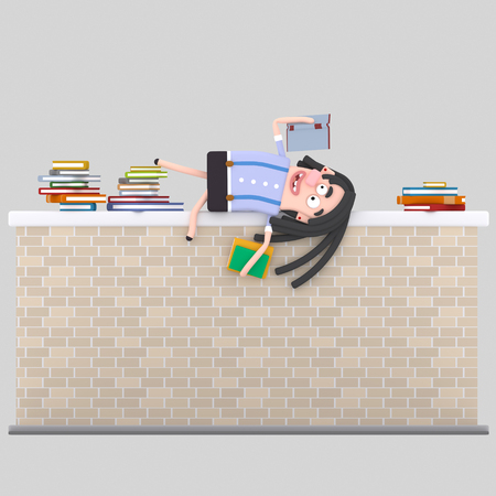 Girl reading on a brick wall. 3d illustrationの写真素材