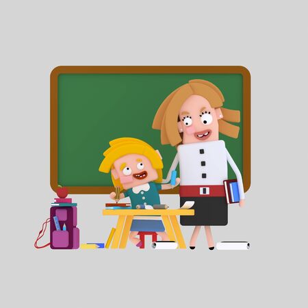 Teacher teaching blonde girl. 3d illustrationの写真素材