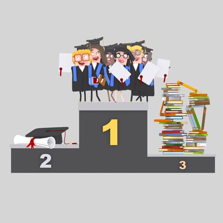 Students, books and diploma on podium. 3d illustrationの写真素材