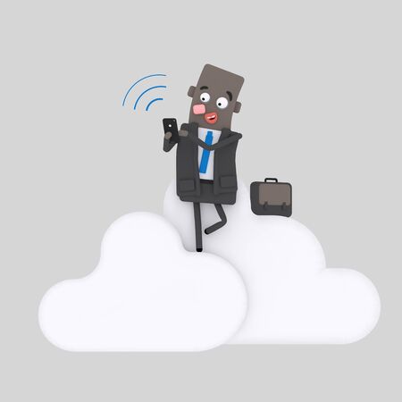 Business man working with his smartphone on clouds. 3d illustrationの写真素材