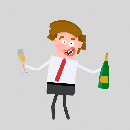 Man holding champagne bottle and glass. 3d illustrationの写真素材