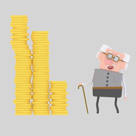 Old man looking at his savings. 3d illustrationの写真素材