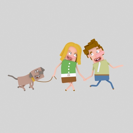 Couple walking with their dog. 3d illustrationの写真素材