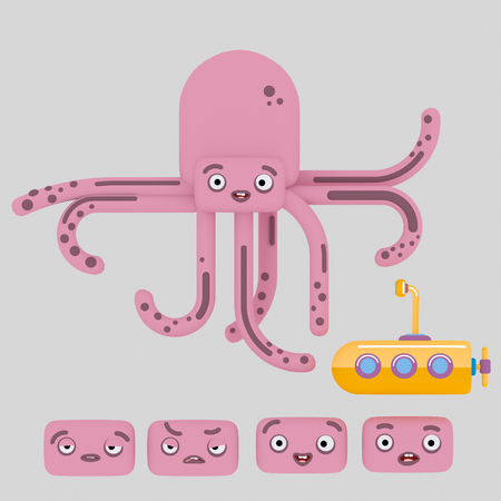 Pink Octopus and yellow submarine. Isolate. Easy automatic vectorization. Easy background remove. Easy color change. Easy combine. 4000x4000 - 300DPI For custom illustration contact me.の写真素材