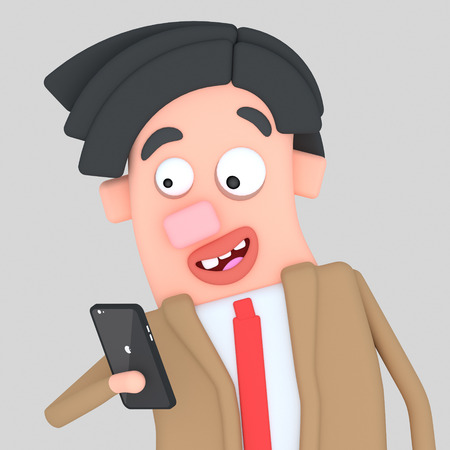 Expecting man looking at his smartphone. 3d illustrationの写真素材