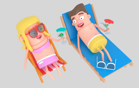 Couple with sunglasses on the beach relaxing and drinking cocktail. 3d illustration.の写真素材
