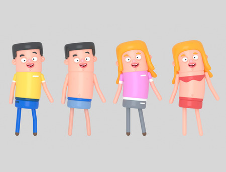 Young people with casual clothes and swimsuit. 3d illustrationの写真素材