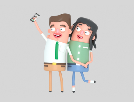 Young couple taking a selfie photo with a smartphone. 3d illustrationの写真素材