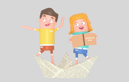 Sailor kids inside paper boat. 3d illustrationの写真素材