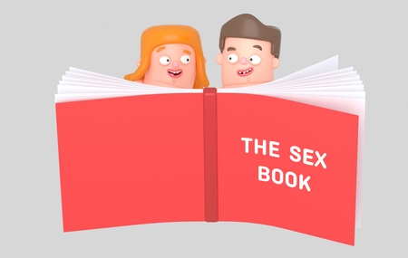 Young couple reading a sex book. 3d illustrationの写真素材