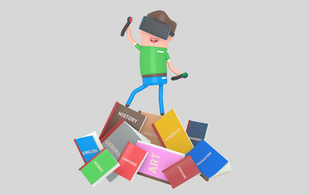 Student with virtual reality set standing on pile of booksの写真素材