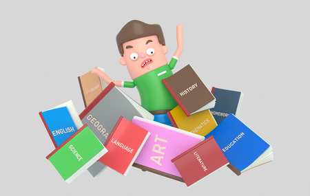 Scared Student under pile of booksの写真素材
