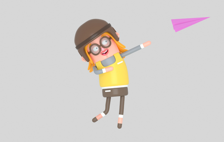 Happy Girl throwing paper plane.3d illustrationの写真素材