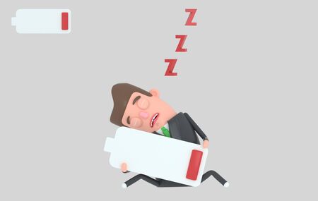 Businessman with low full level energy battery Businessman sleeping. Isolated.3d illustrationの写真素材