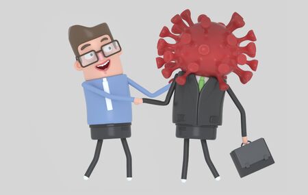 Infected man giving hand to healthy man. Covid19. Isolated. 3d illustration.の写真素材