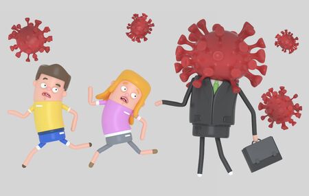 Scared children runs because this father is contagius by viruses. Covid19. Isolated. 3d illustration.の写真素材