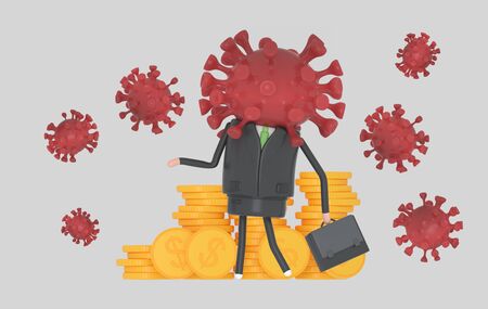 Virusman with a mountain of money. Covid19. Isolated. 3d illustration.の写真素材
