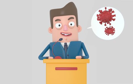 Politician man talking about a pandemic problem. Viruses. Covid19. Isolated. 3d illustration.の写真素材