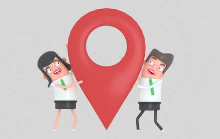 Business couple holding a big location icon. 3d iIsolated. Easy automatic vectorization. Easy...