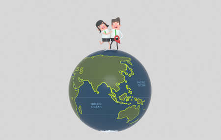 Couple at top of the world map globe. 3d illustraIsolated. Easy automatic vectorization. Easy background remove. Easy color change. Easy combine. 6000x3800 - 300DPI For custom illustration contact me.の写真素材