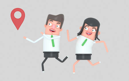 Business Couple running to location icon. 3d illuIsolated. Easy automatic vectorization. Easy background remove. Easy color change. Easy combine. 6000x3800 - 300DPI For custom illustration contact me.の写真素材
