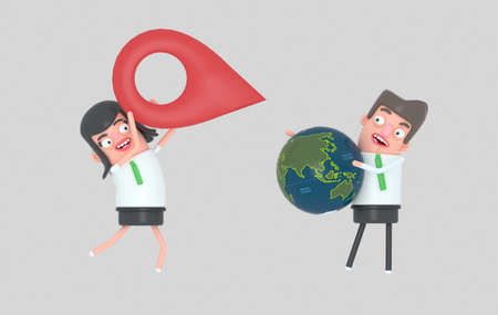 Girl placing on a globe world map a location icon. 3d ill. Easy automatic vectorization. Easy background remove. Easy color change. Easy combine. 6000x3800 - 300DPI For custom illustration contact me.の写真素材