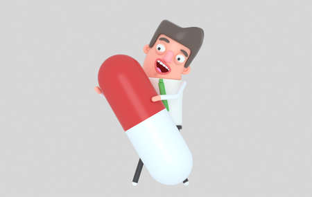 Man holding a big pill. 3d illustration. Isolate.の写真素材