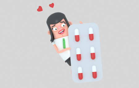 Woman is behind a pill blister with face in love, heart.3d illustration. Isolate.の写真素材
