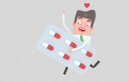 Man running holding a big pill blister. 3d illustration. Isolateの写真素材