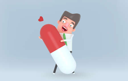 Man holding a big pill. 3d illustration.の写真素材
