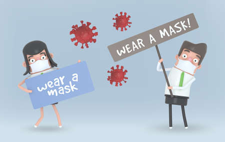 Couple with mask holding a signs banner separated by viruses. 3d illustration.の写真素材
