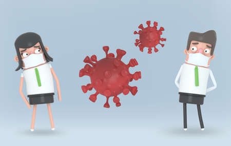 Couple with a mask separated by viruses. Covid-19. Social Distancing. 3d illustation.の写真素材