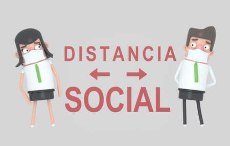 Couple with a mask separated by big caution spanish text Distancia Social. 3d illustration. Isolated.の写真素材