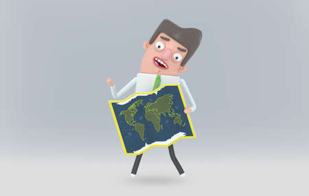 Man looking at world map paper. 3d illustration. Isolated.の写真素材