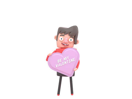 Lovely boy holding a pink banner with love text. Valentine.の写真素材
