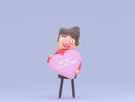 Lovely boy holding a pink banner with love text. Valentine.の写真素材