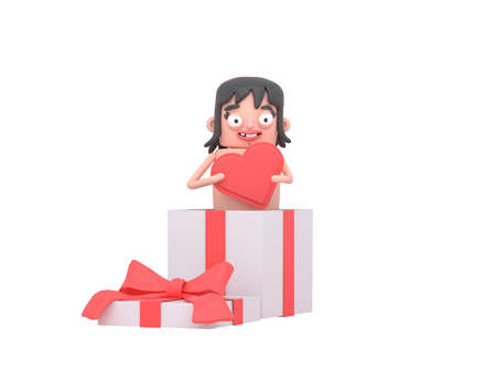 Lovely girl holding a big love shape in a big gift box. Love, valentine. 3d illustration. Isolated.の写真素材