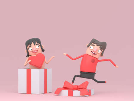 Cute boy running to his girlfriend which is holding a red heart shape in a gift. Box gift. Love.3d illustration.の写真素材