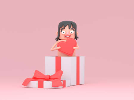 Lovely girl holding a big love shape in a big gift box. Love, valentine. 3d illustration.の写真素材
