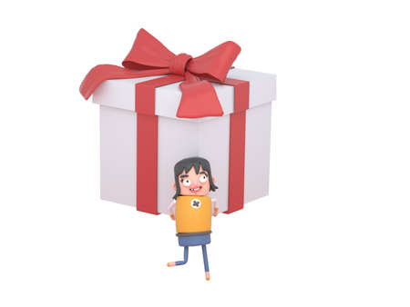 Cute girl carrying a big gift box. packet. 3d illustration. Isolated.の写真素材