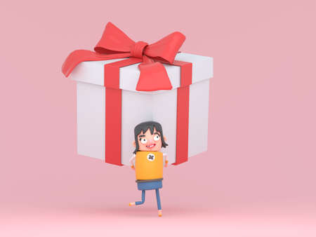Cute girl carrying a big gift box. packet. 3d illustration.の写真素材