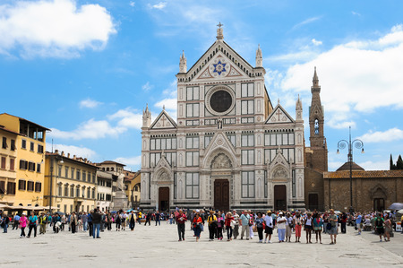 FLORENCE  June 2 2013  The facade of the Basilica of Santa Croce in Florence during the day with tourists.のeditorial素材