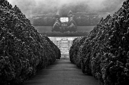 CASSINO  April 9, 2011  Glimpse in black and white of the main entrance of the Polish Military Cemetery at Cassino in Italy.のeditorial素材