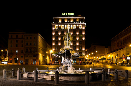 ROME  August 27, 2011  Night version of Triton Fountain in Rome, appropriately illuminated by the headlights, in Italy.のeditorial素材