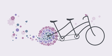 'Just married' tandem bicycle with flying flowersのイラスト素材