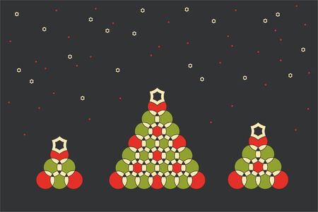 Geometric decorated Christmas trees on a dark background with snow. Vector illustrationのイラスト素材