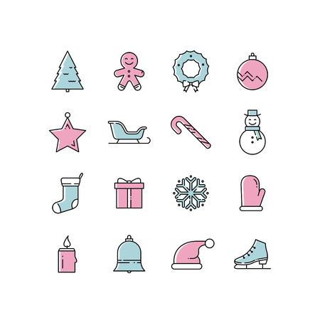 Linear icon set for Christmas. Flat winter symbols isolated on white background.のイラスト素材